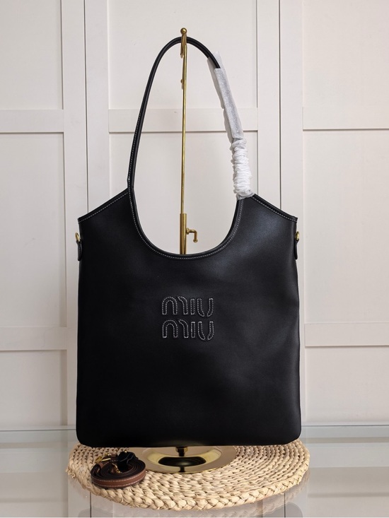Miu Miu Handbags - Miu Miu Black Leather Shoulder Tote with Logo Stitching